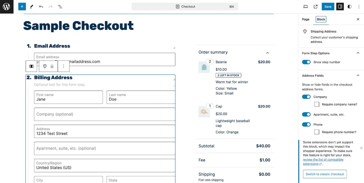 Sample checkout billing address Gutenberg block in WooCommerce.