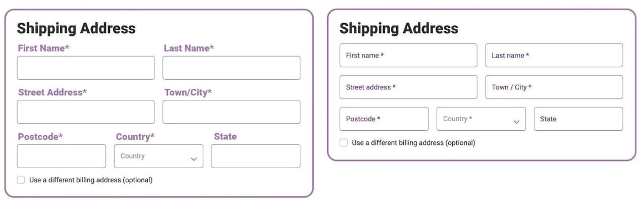 WooCommerce shipping info form side by side - one using field labels, the other using placeholders.