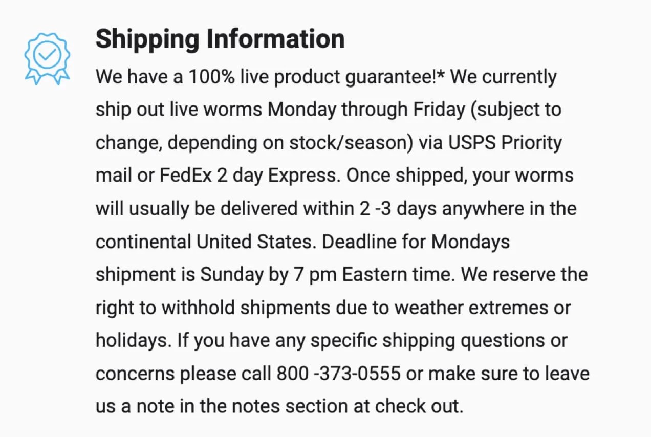 Customer facing shipping informational with icon, title, and paragraph.