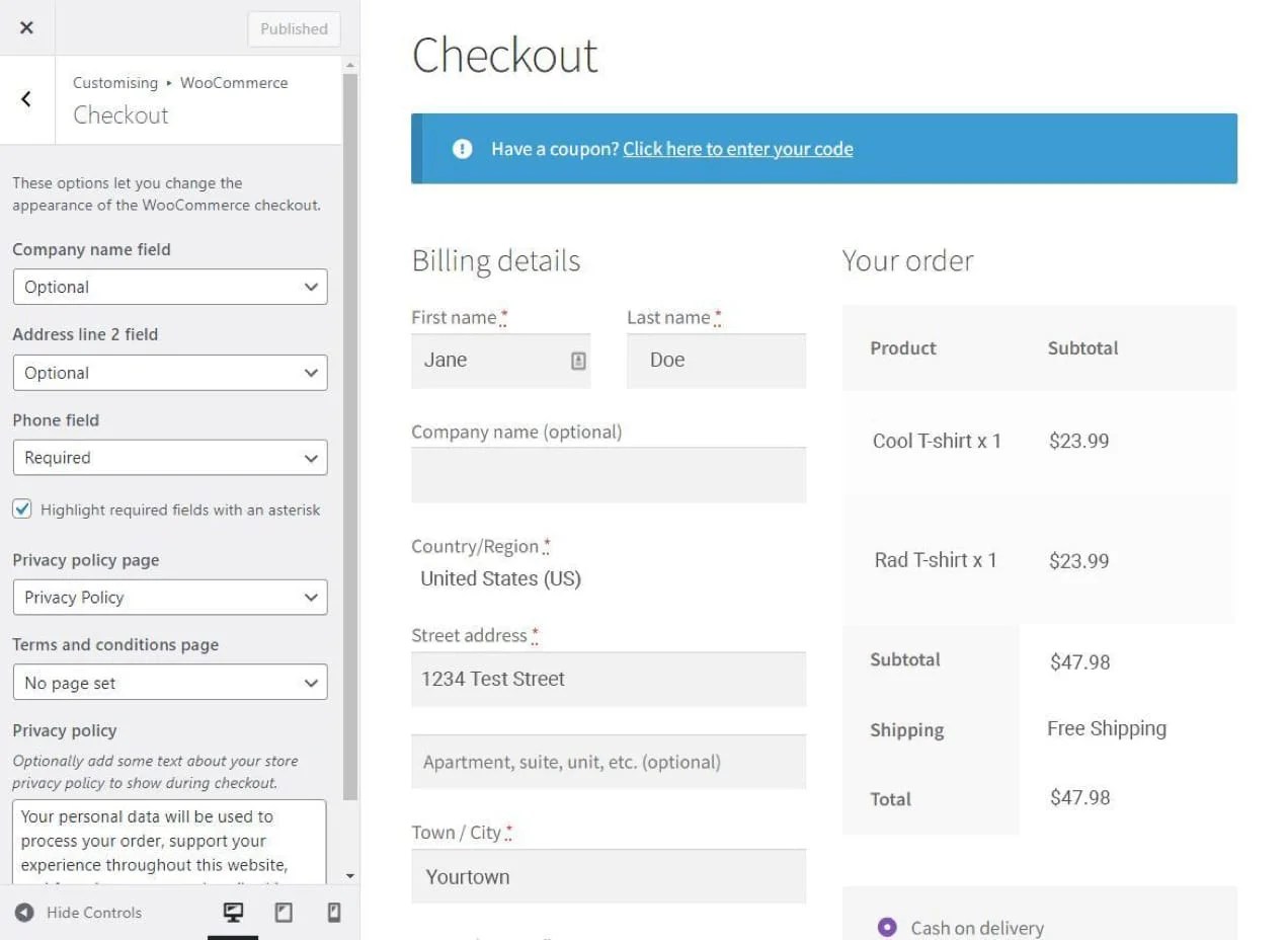 WooCommerce Checkout field selection with the WordPress Customizer.