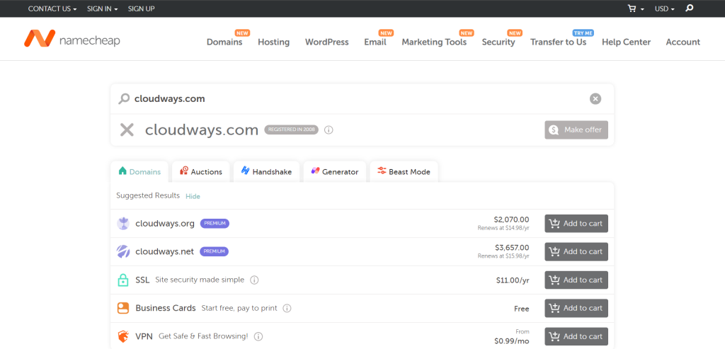 Namecheap shows that domain name has been taken