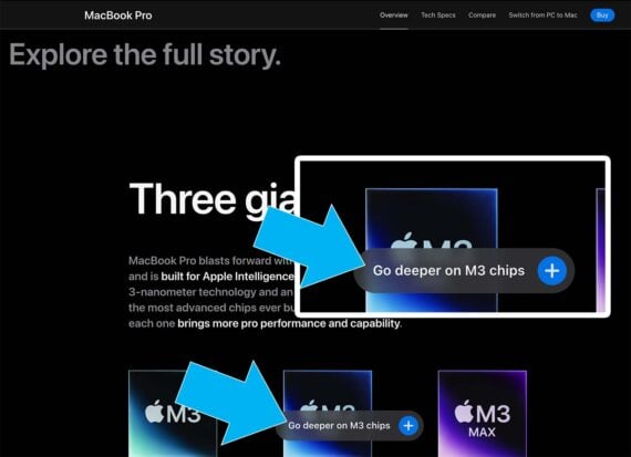 Screenshot of M3 chips guide on Apple's MacBook Pro product page.