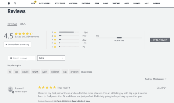 Ratings and reviews on a Huckberry product page