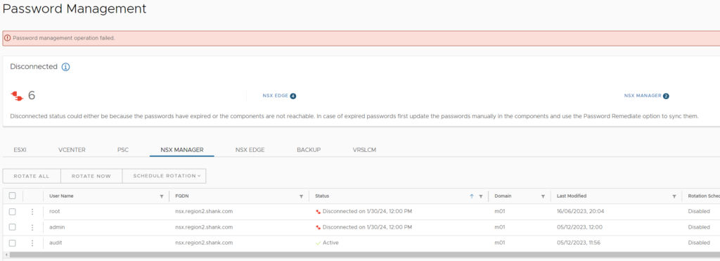 sddc manager password remediation failed