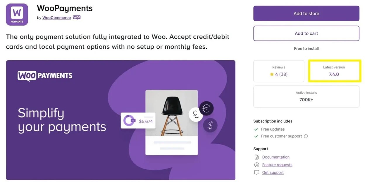 WooPayments product page with the latest version of 7.4.0