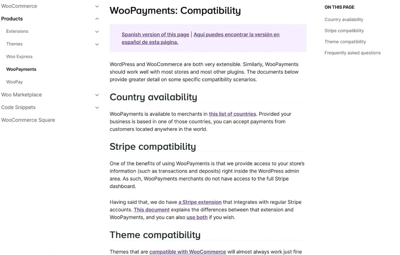 WooPayments documentation illustrating country, availability as well as stripe and theme compatibility.