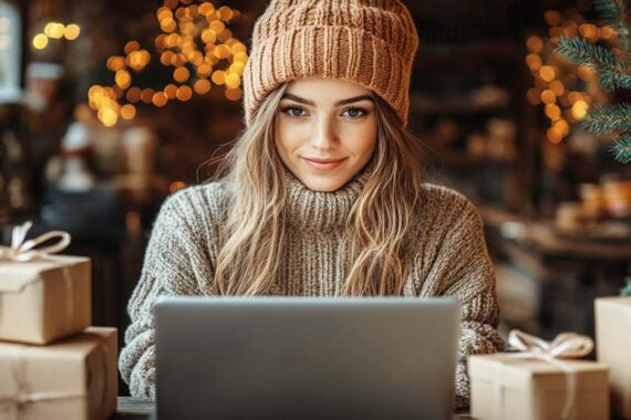 Image of a female using a laptop computer with a Christmas tree in background