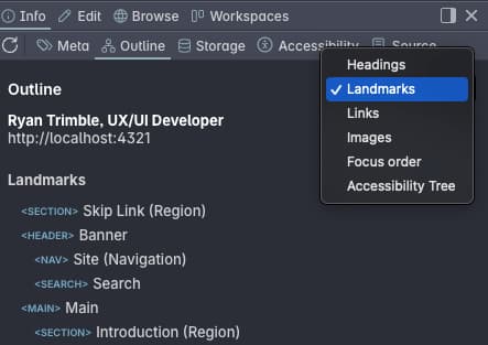 Polypane sidebar, outline tab, the view select options display the different views available: Headings, Landmarks, Links, Images, Focus order, and Accessibility Tree