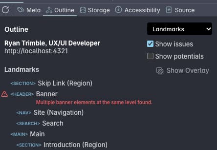 Polypane sidebar, outline tab, Landsmarks view, the "Show issues" option is enabled. In the outline, red text describes an error: Multiple banner elements at the same level found.