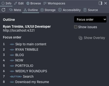 Polypane sidebar, outline tab, Focus order view, displays an outline of the focusable elements on the page