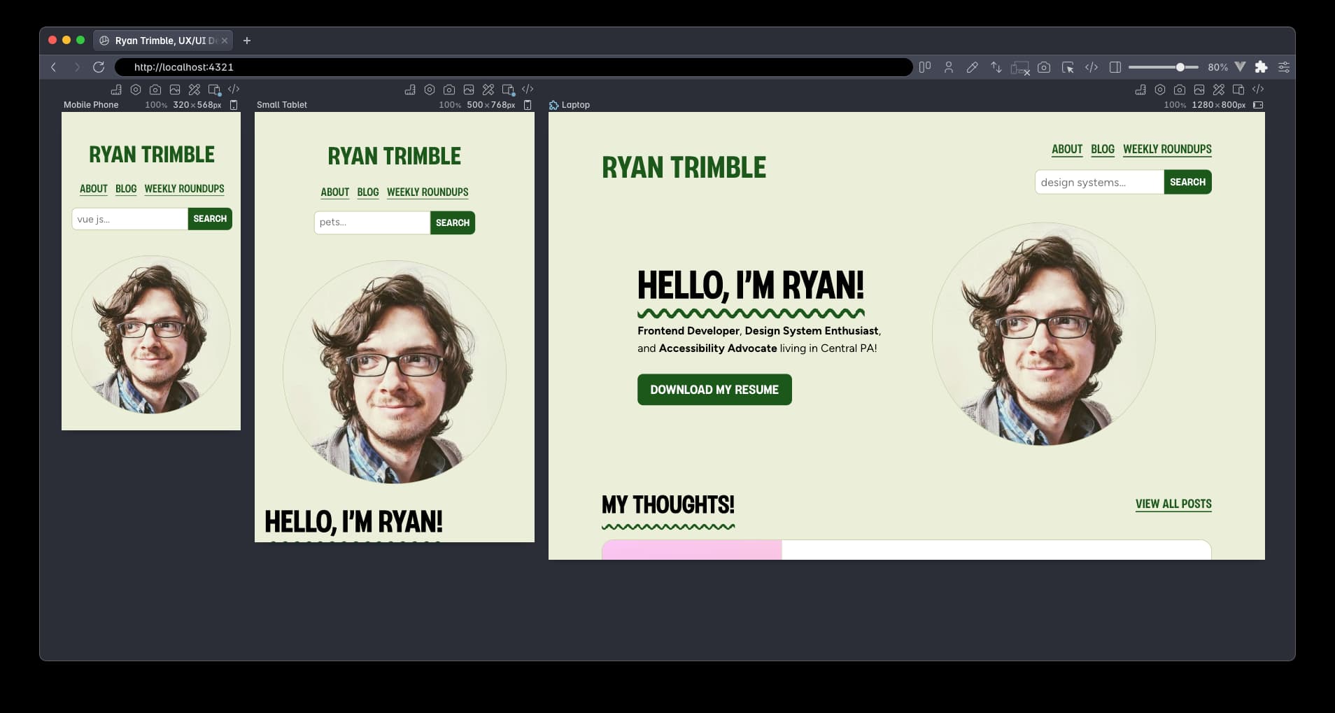 Polypane browser displaying ryantrimble.com in three different viewport sizes simultaneously