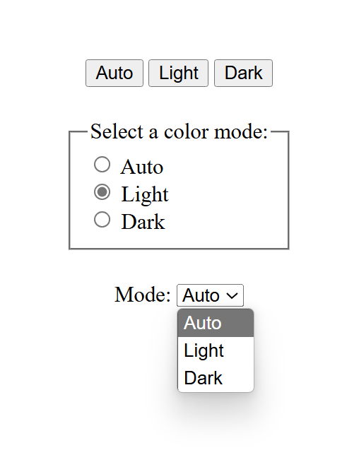 Three examples of mode switches, each with the three options of Auto, Light and Dark. Buttons, a fieldset with radio buttons, and a select element.