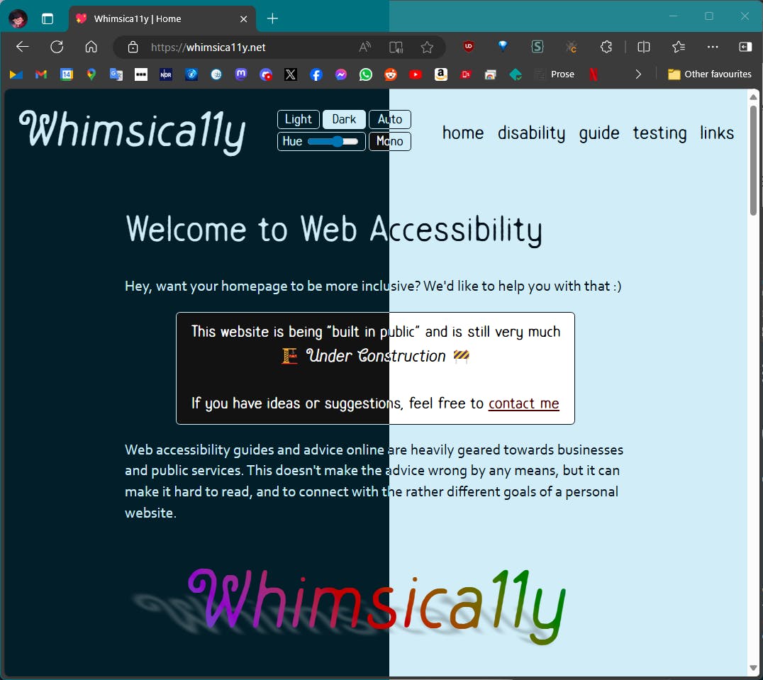 A screenshot of whimsica11y.net, where the color-mix() method for making the theme is in use