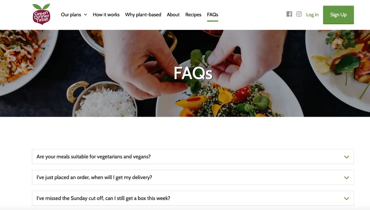 Green Dinner Table - Frequently Asked Questions webpage.