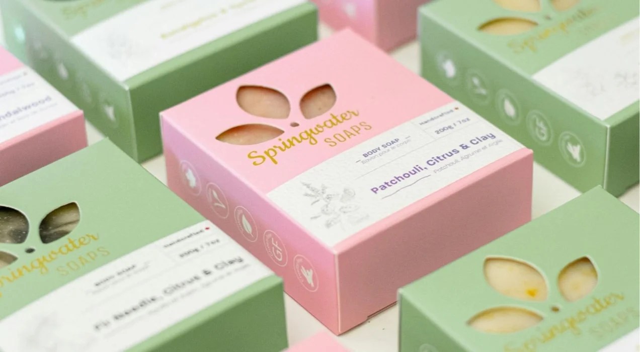 pink and green boxes with handmade soap