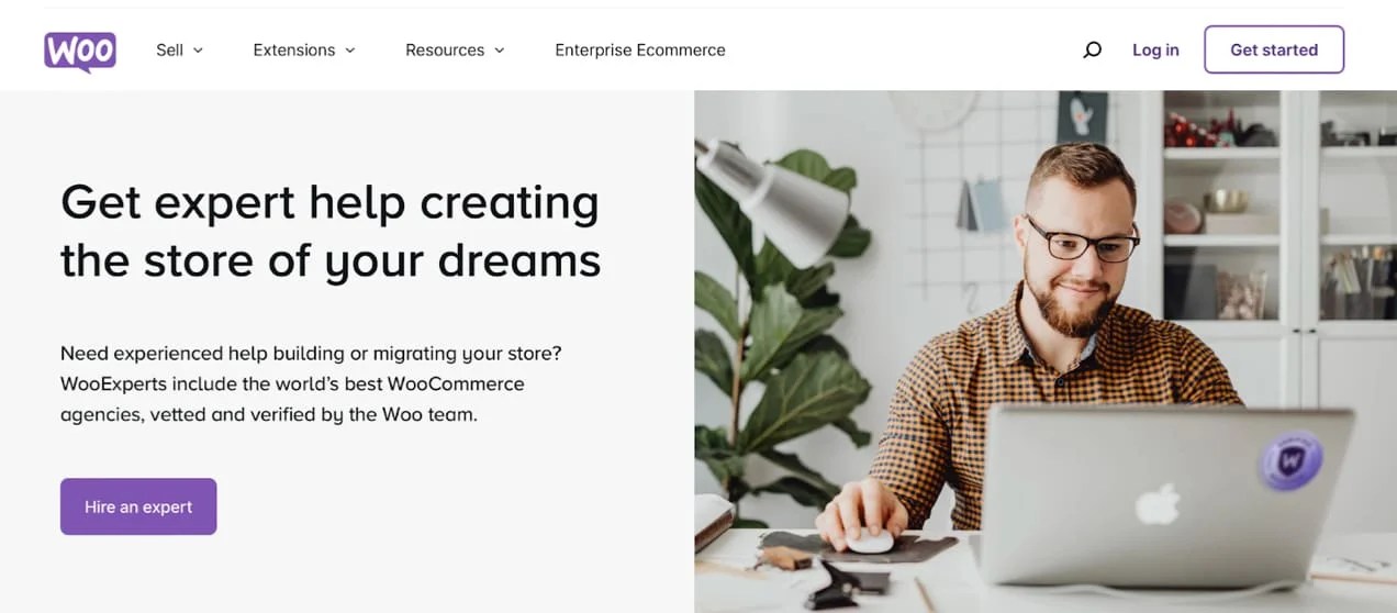 Woocommerce expert CTA with image of a male freelancer as well as a title, paragraph, and CTA button.