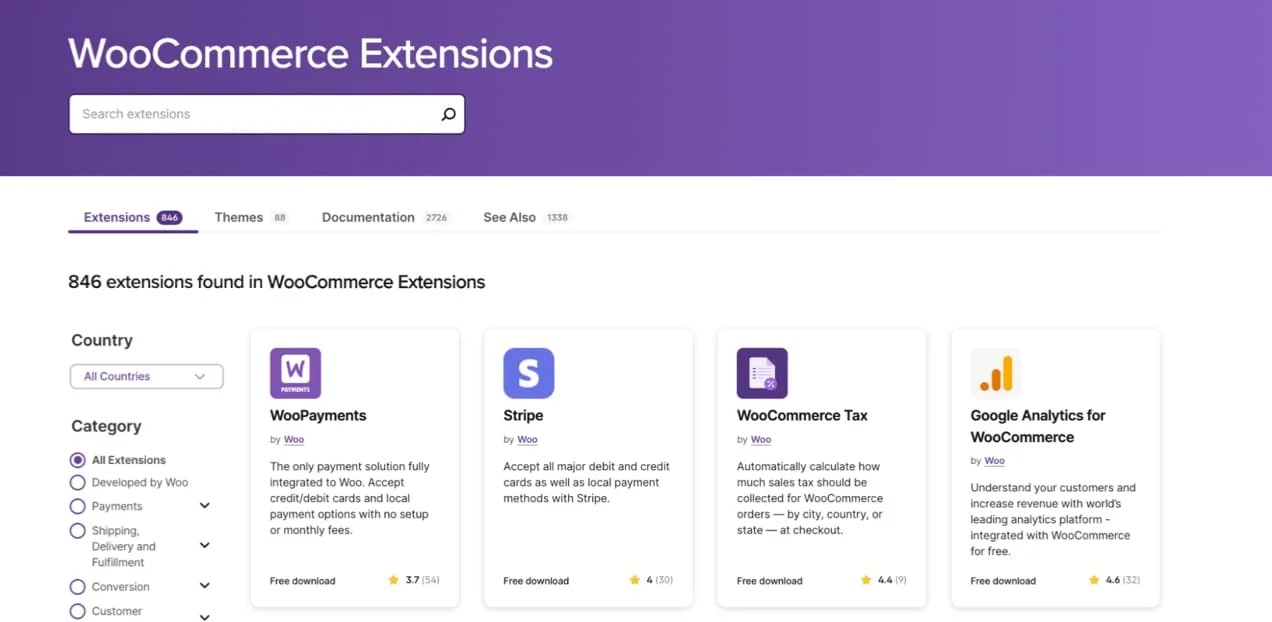 List of Woocommerce extensions displayed in tiles.