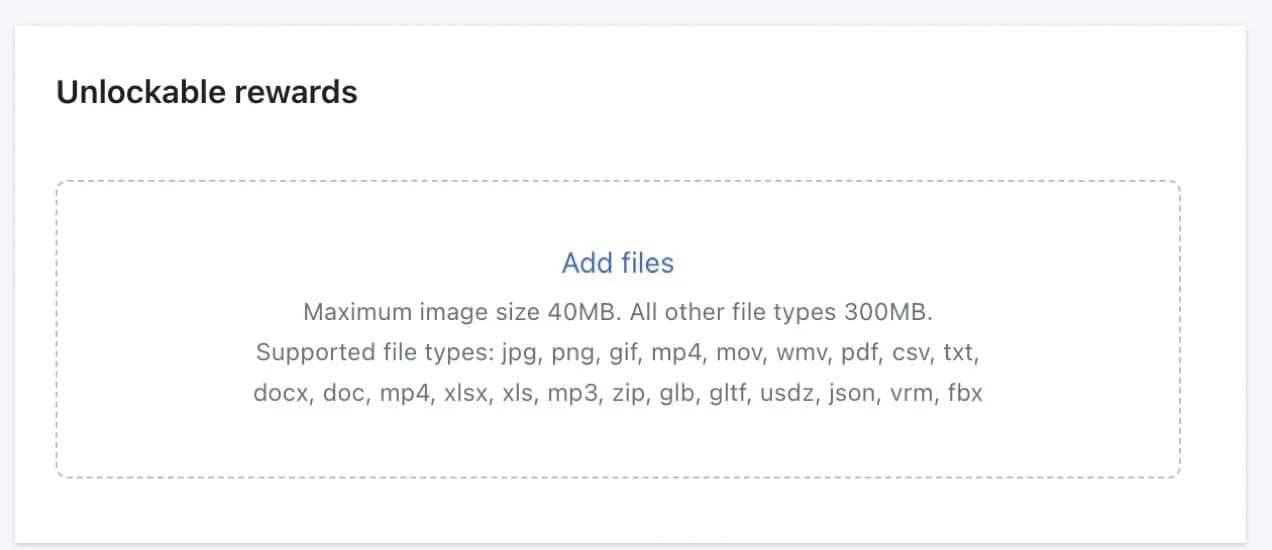 unlockable rewards page with the option to add files