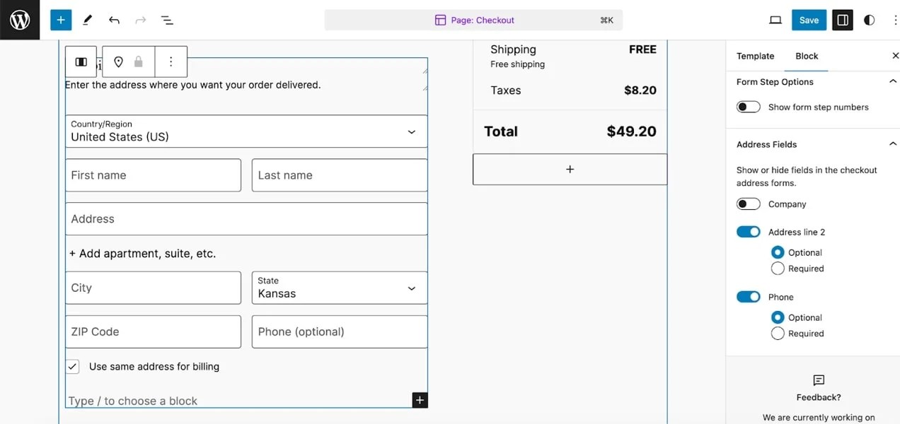 editing checkout fields using the block editor