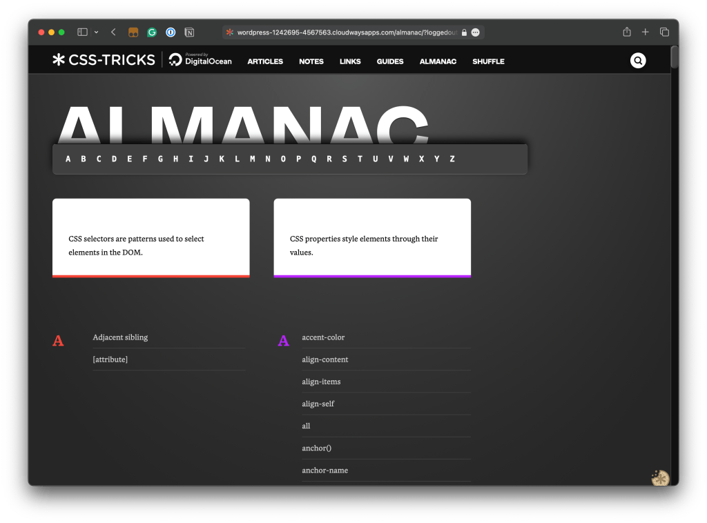 Previous version of the Almanac showing a large Almanac heading, a sub navigation with jump links to alphabetical letters, and the selector and properties lists.