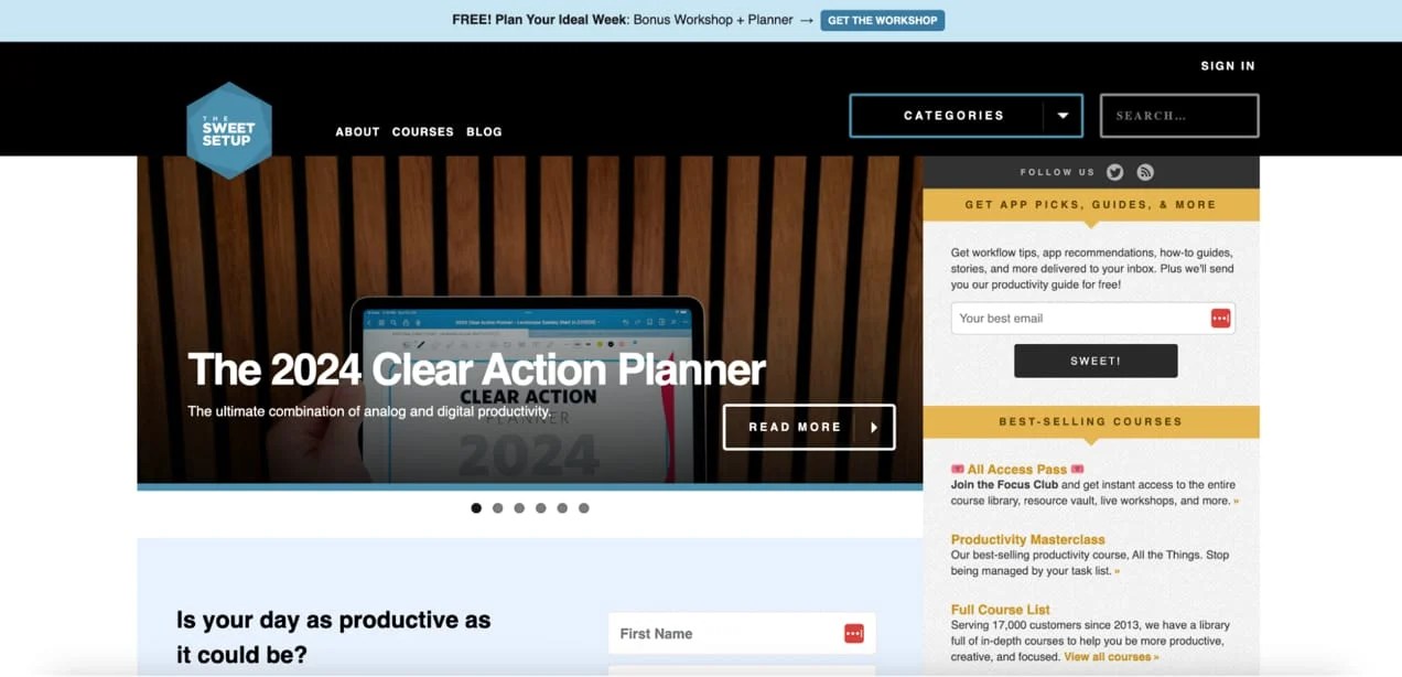 The Sweet Setup course page for The 2024 Clear Action Planner