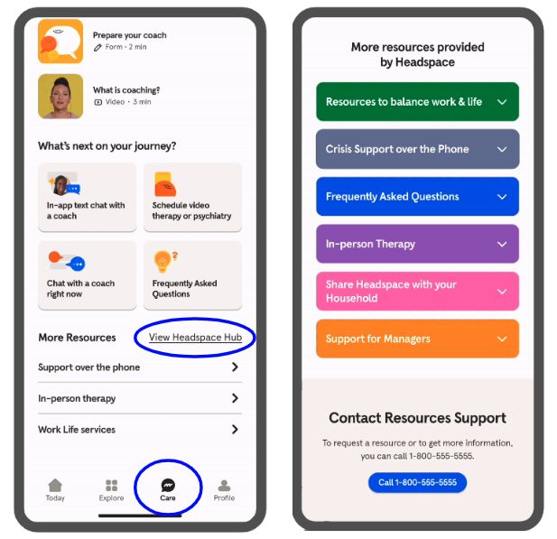 Headspace's mobile app displays a hub of mental health services including coaching, video therapy and psychiatry, in-person therapy, crisis support over the phone, and work-life balance resources.