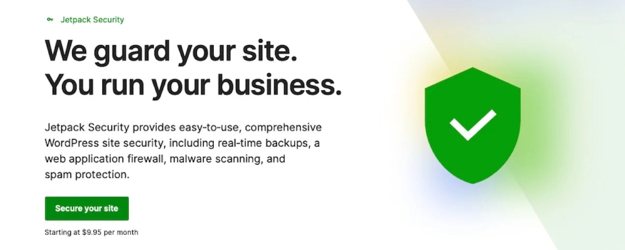 Jetpack Security callout with title, paragraph copy, button, and Jetpack checkmark icon