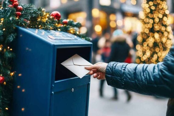 Image of a person dropping a card in a mailbox. 