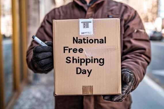 Photo of a delivery person holding a box the reads "National Free Shipping Day"