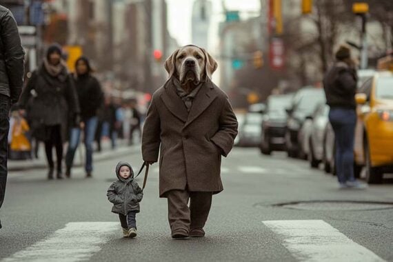 Image of a dog walking a small boy on a leash.