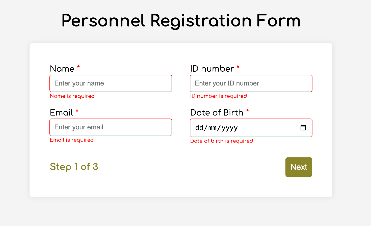 A personnel registration form with fields for name, ID number, email, and date of birth, all marked as required. Step 1 of 3 with a "Next" button.