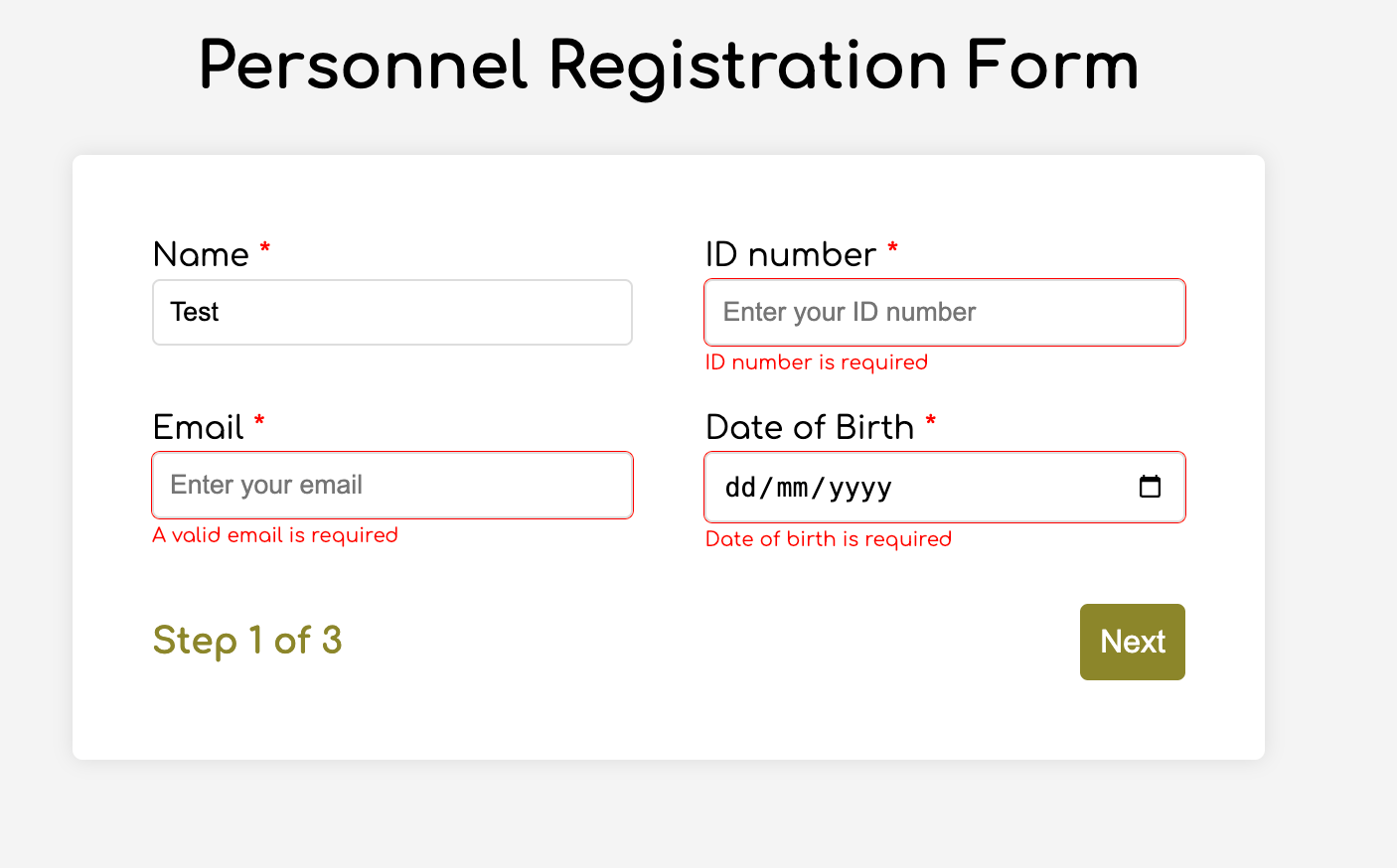 A personnel registration form with fields for name, email, ID number, and date of birth. Error messages indicate missing or invalid input. A "Step 1 of 3" label and "Next" button are shown.