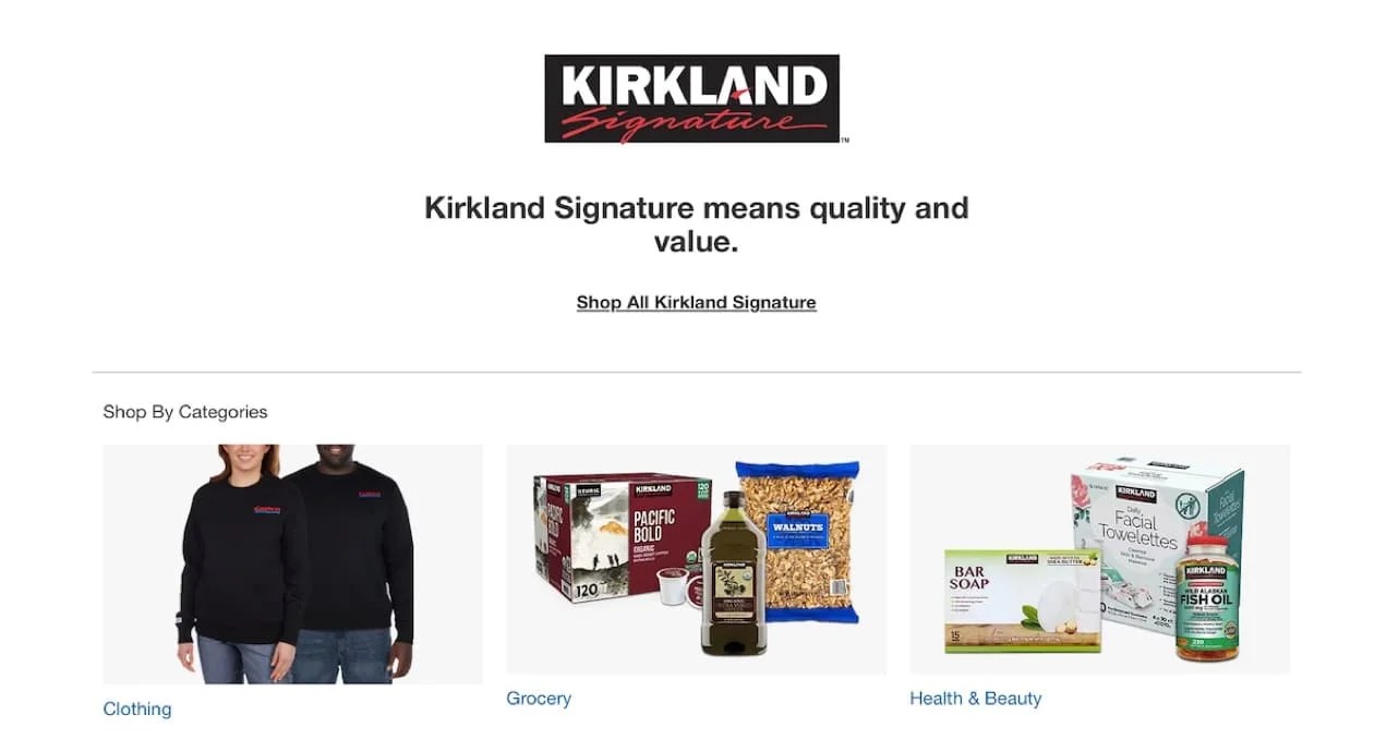 Kirkland Signature product category page showing grocery, clothing, and health product categories.