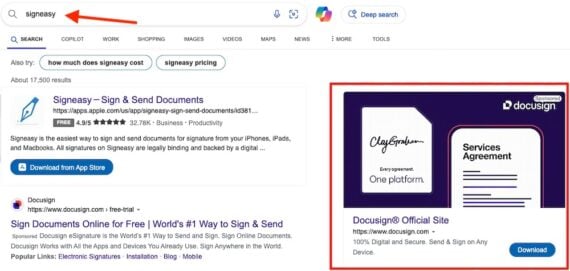 Screenshot of Bing search results showing Docusign's ad.