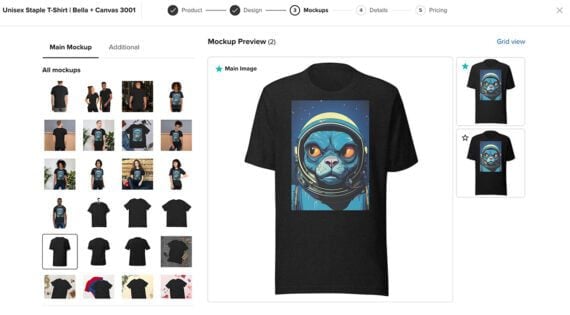 Printful screen showing the mockups of the AI-image t-shirt