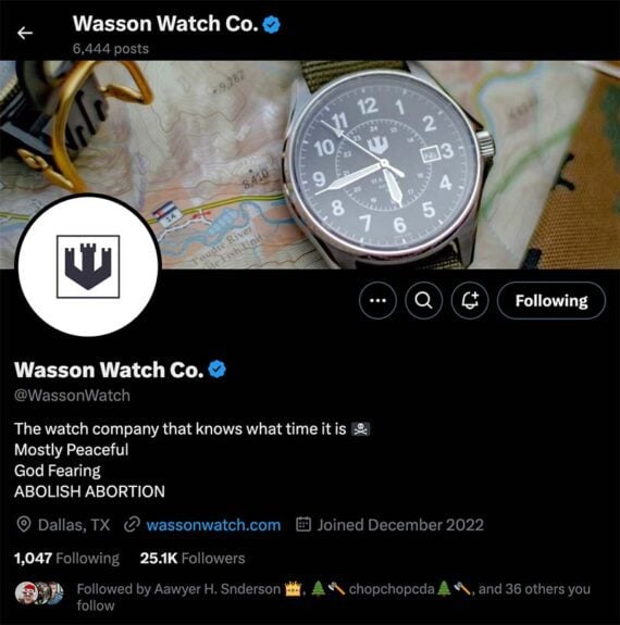 Ad on X from Wasson Watch Co., reading: Wasson Watch Co. The watch company that knows what time it is. Most Peaceful God Fearing ABOLISH ABORTION