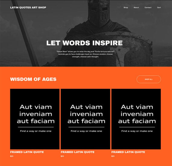 Screenshot of the home page for the example "Latin Quotes Art Shop."