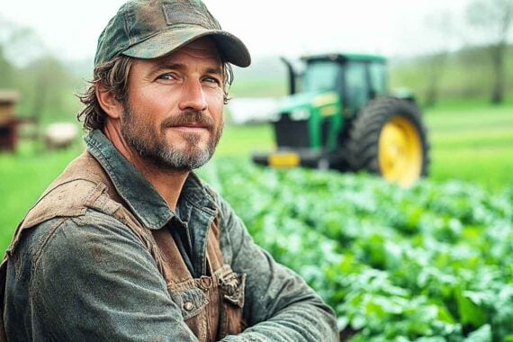 Photo of a male farmer in a field of crops.