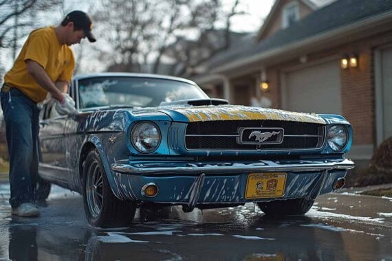 Photo of a male washing a classic Ford Mustang