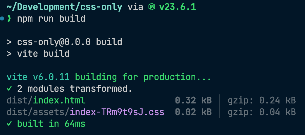 Terminal displaying the output of the command npm run build, including the filesizes of compiled files