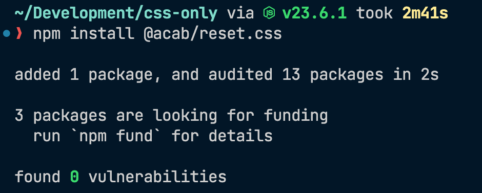 Terminal displaying the output of running npm install @acab/reset.css