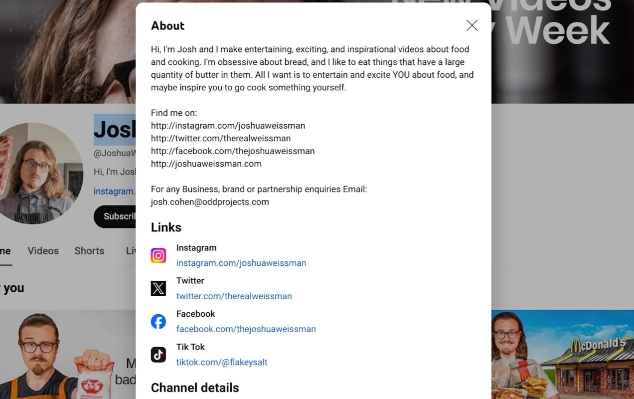 About section with a detailed description and links to other platforms from Josh Weissman