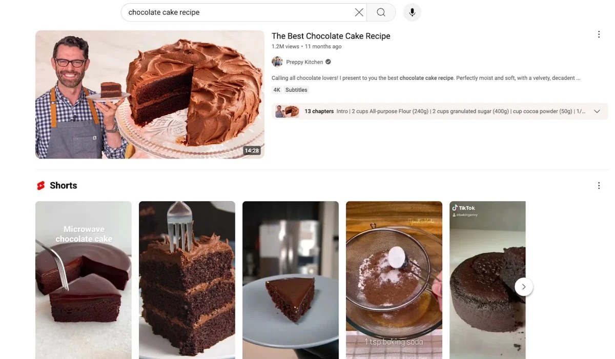 search results for "chocolate cake recipe" on YouTube