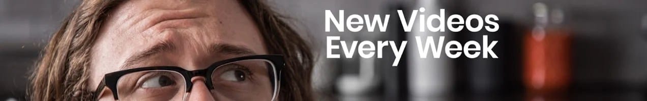 YouTube header with a close-up of a face and the text "new videos every week"