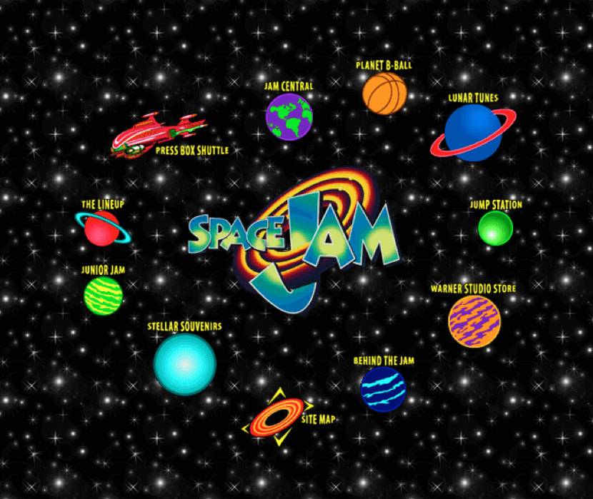 Space Jam website homepage. The movie logo is in the center of a series of planets that are navigation for other areas of the website against a dark starry background.
