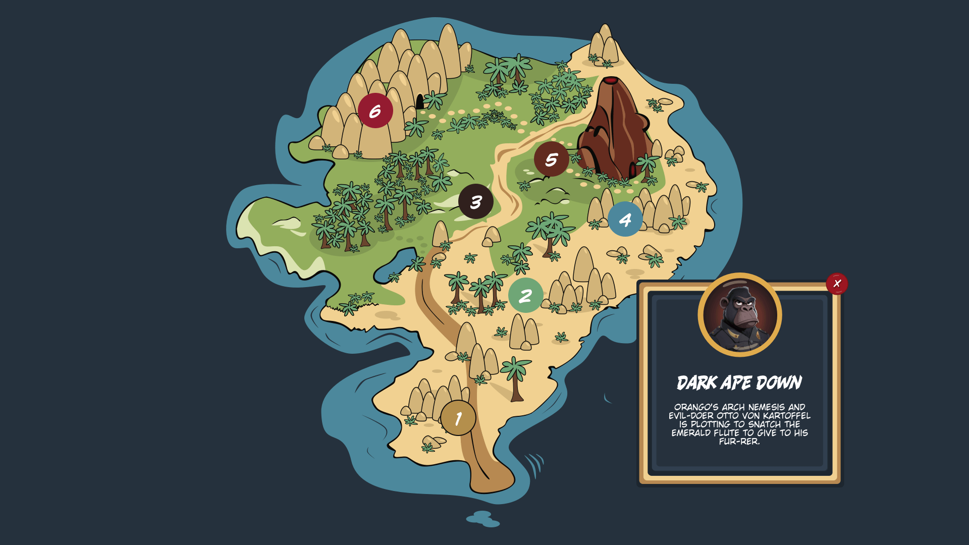 A large illustrated cartoon map of an island. 6 annotations are on the map and a tooltip is exposed showing detail of one of the annotations.