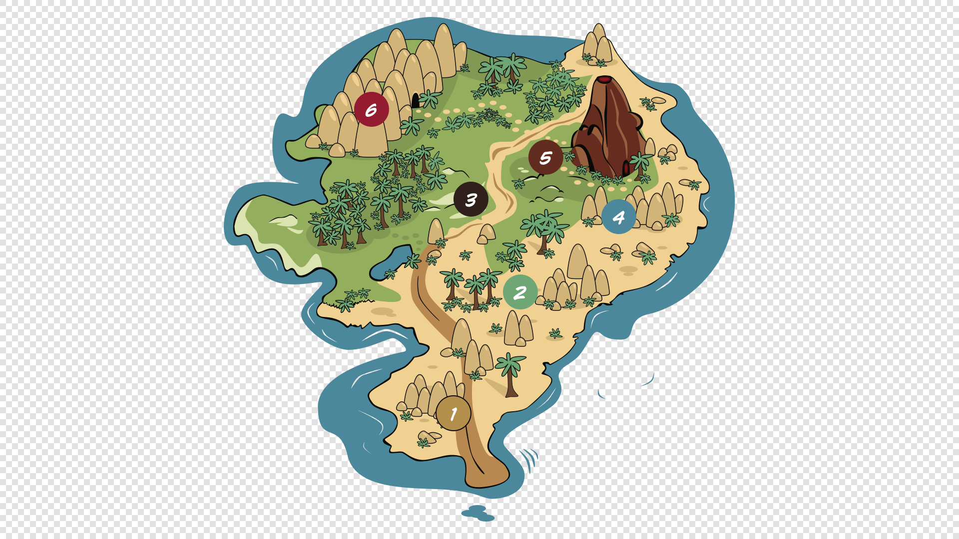 A large illustrated map of a cartoon island cut out against a transparent background.