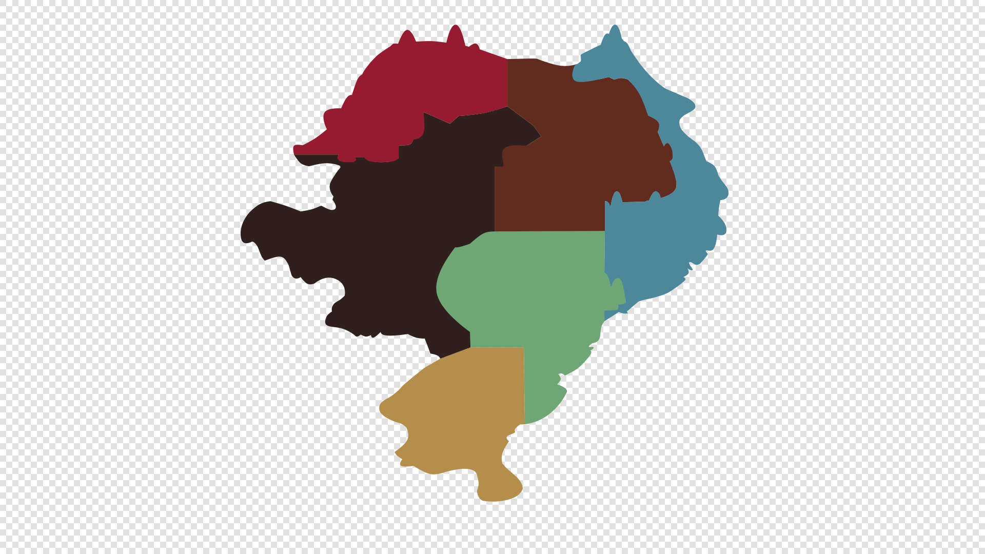 The same illustrated map of an island but the six regions are represented by solid colors.
