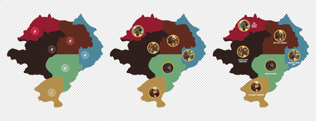 The illustrated regions of the cartoon map in three states, from left to right: annotated, with visual markers, and with both visual markers and labels.