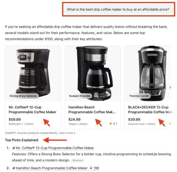 ChatGPT results for the prompt "What is the best drop coffee maker to buy at an affordable price?" showing images of coffee makers, sources, prices, ratings, and an explanation from ChatGPT. ChatGPT results for the prompt "What is the best drop coffee maker to buy at an affordable price?" showing images of coffee makers, sources, prices, ratings, and an explanation from ChatGPT.